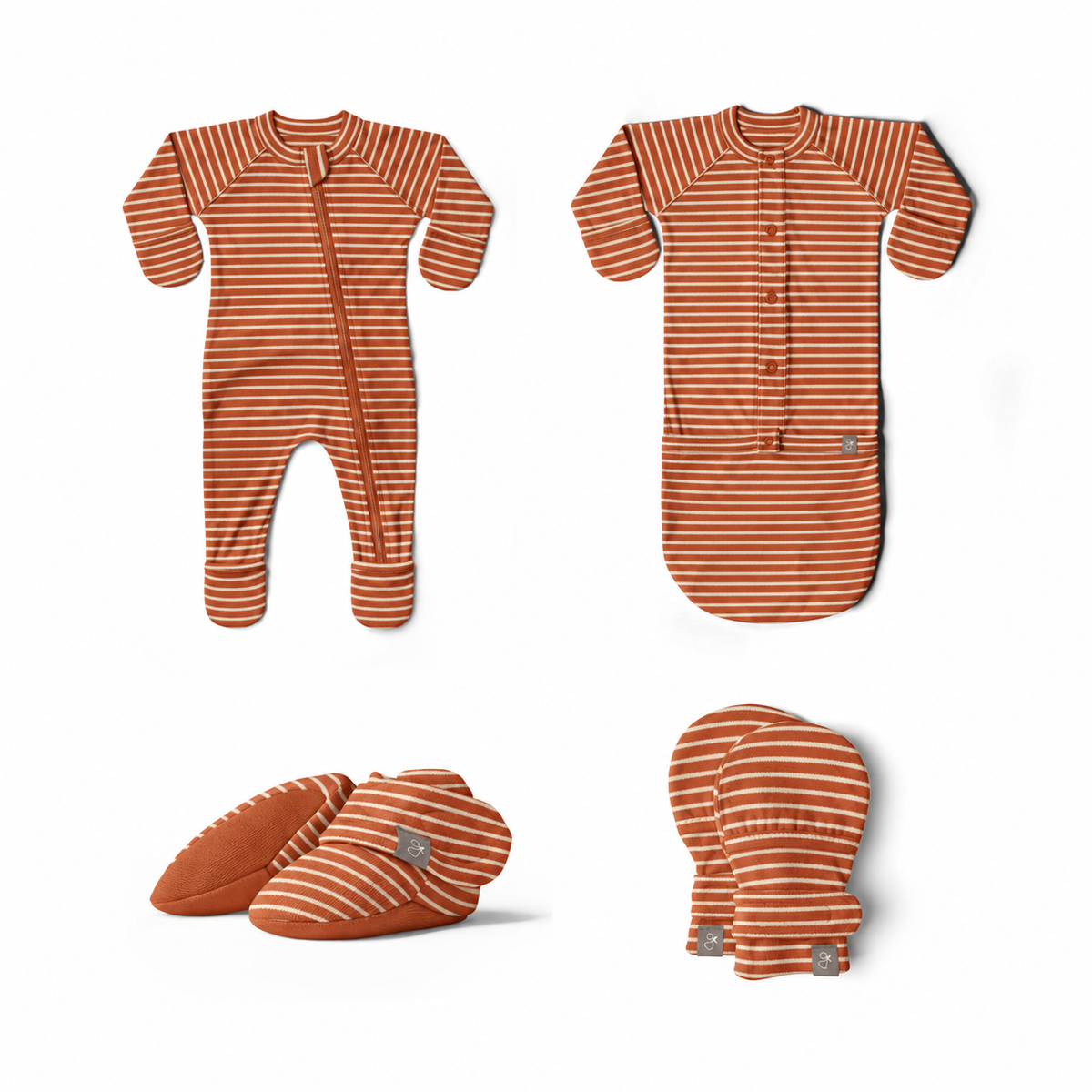 Welcome Home Set featuring rust orange baby footie, convertible gown, booties and mitts with thin cream stripes