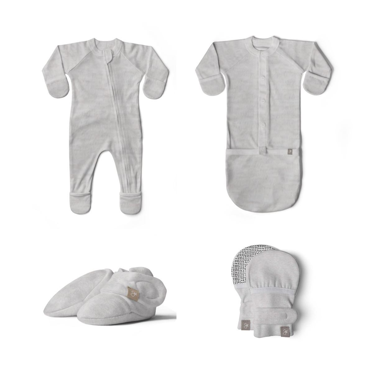 Welcome Home Set in storm gray, featuring a soft heathered footie and convertible gown with matching boots and mitts