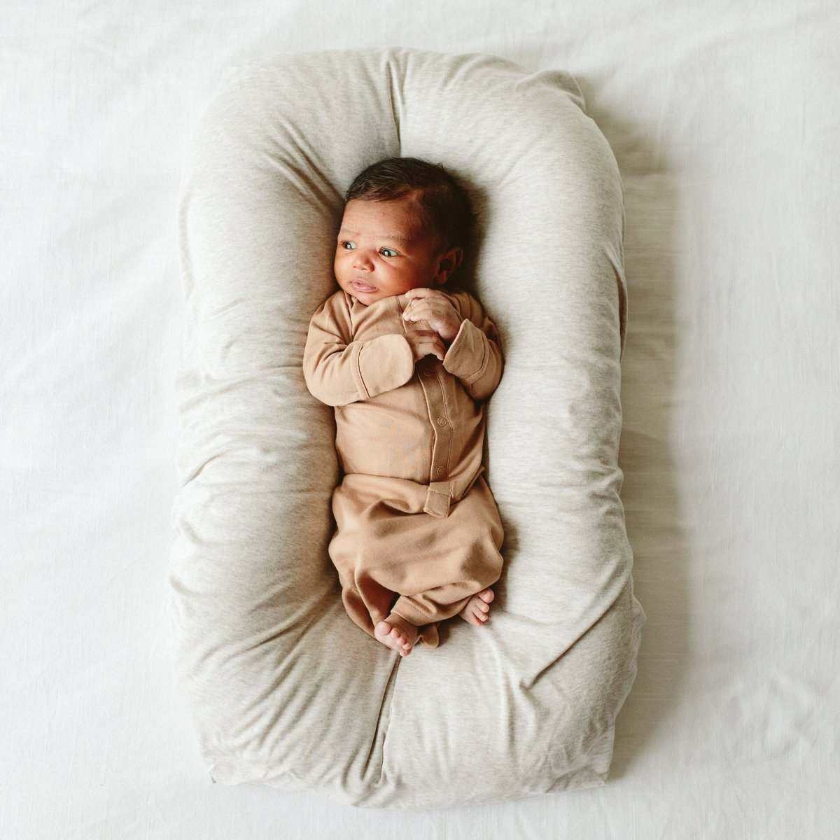 24 HOUR CONVERTIBLE GOWN in sandstone, a soft solid tan baby gown with long sleeves and built-in fold-over mitts