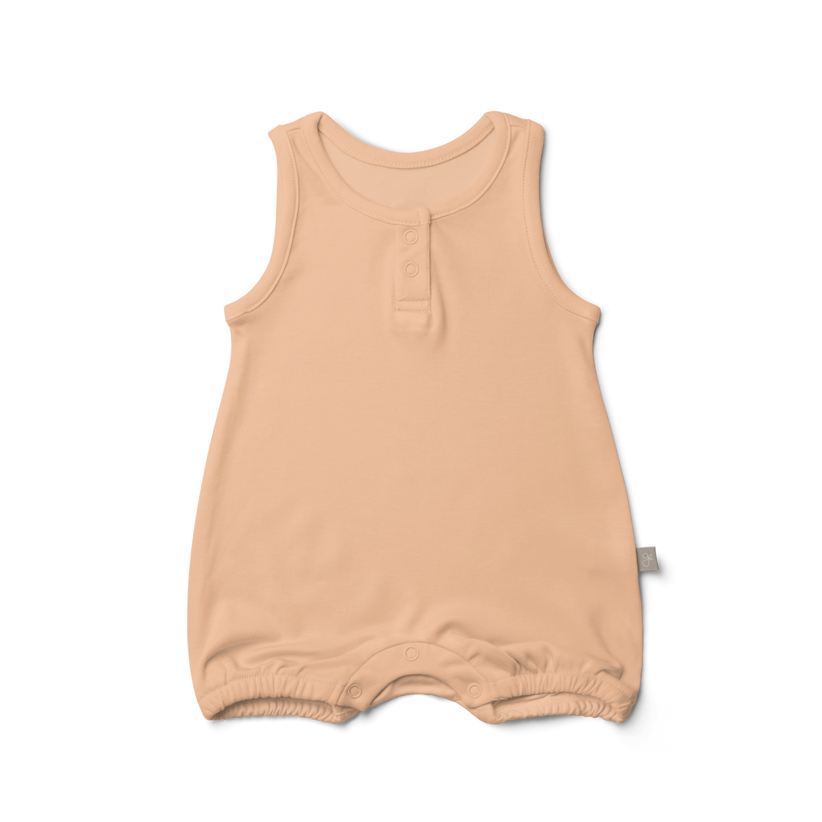 QUICK CHANGE ROMPER in soft solid peach fabric with sleeveless cut, round neckline, front buttons and snap closures