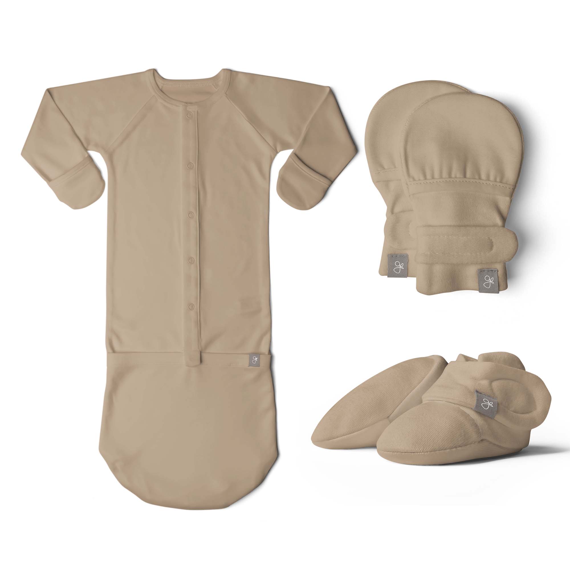 Goumi Kids Sandstone Baby Layette Gift Set – stay-on mitts & boots, convertible sleeper gown, grow-with-you footie, gift-packaged – packaging