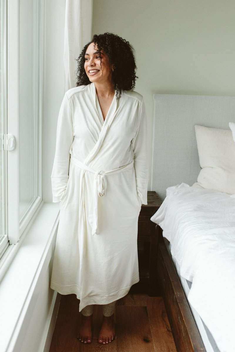 SECOND CHANCE WOMENS ROBE in soft ivory terry, featuring a wrap front, long sleeves, and a tied waist