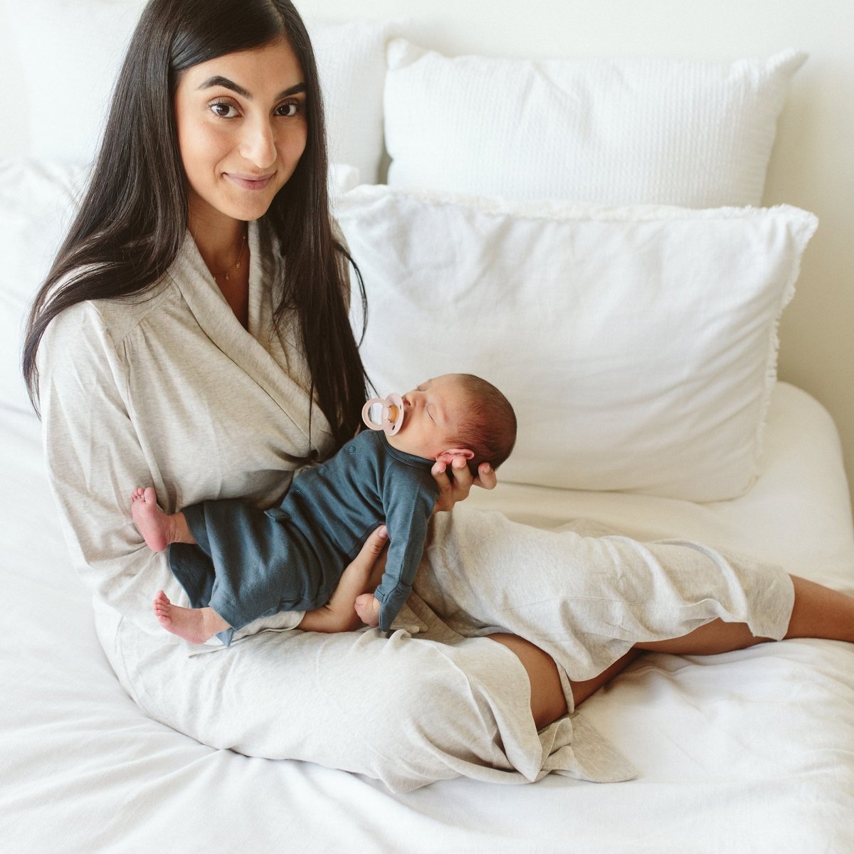 Goumi Kids STORM GRAY Women's Robe – soft bamboo organic cotton robe – on baby