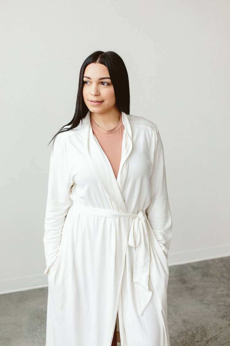 SECOND CHANCE WOMENS ROBE in white cloud terry with a soft, plush texture, wrap front, and self-tie belt