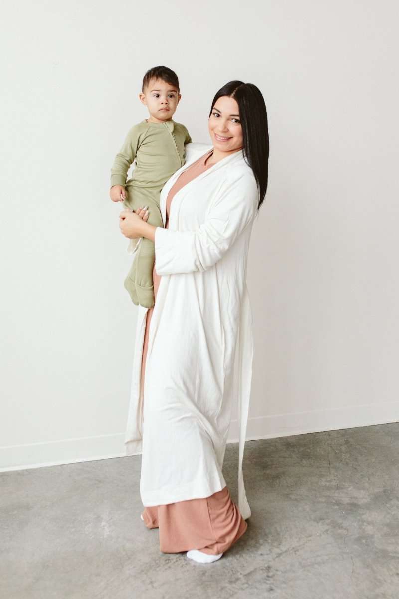SECOND CHANCE WOMENS ROBE in soft white terry, a long open-front wrap robe with a matching waist tie