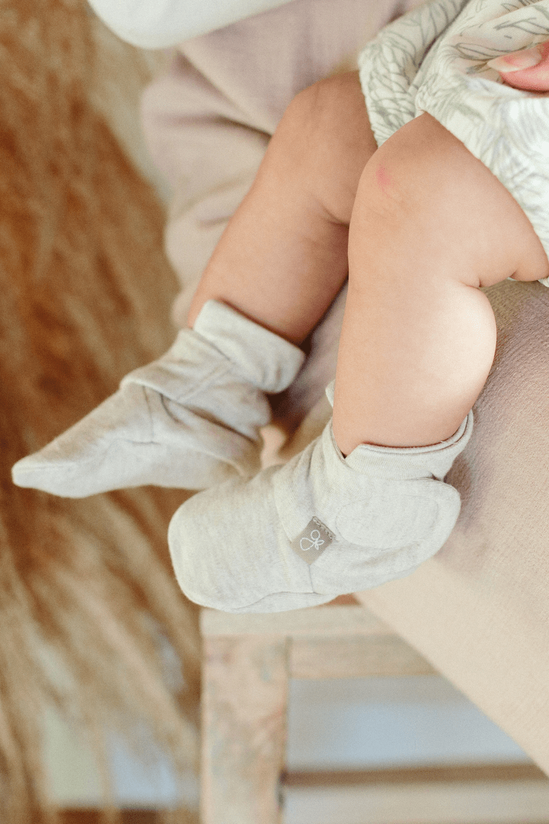 Goumi Kids STORM GRAY Stay-On Baby Boots – soft sole newborn booties – lifestyle