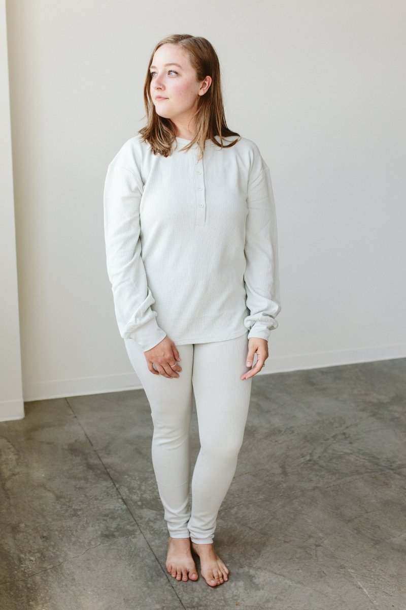 WOMENS SEPARATES BOTTOMS in soft ivory thermal knit, slim-fit pants shown with a matching long-sleeve top