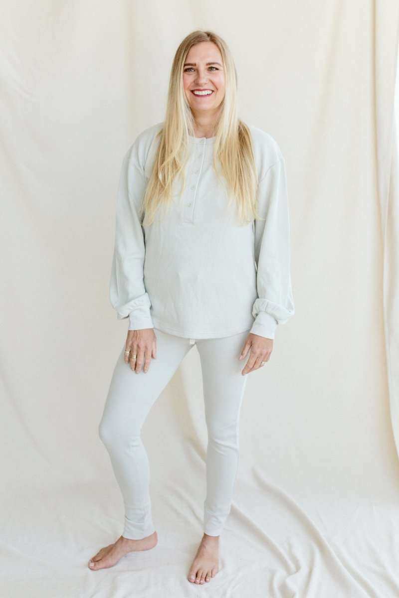 WOMENS SEPARATES BOTTOMS in pale stone, with a soft-looking long-sleeve top and fitted leggings